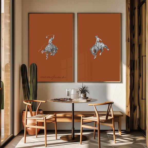 UNFFRAMED Vintage Cowboy Rodeo Art Poster Set, Rustic Western Decor Set 2 Prints 8x12