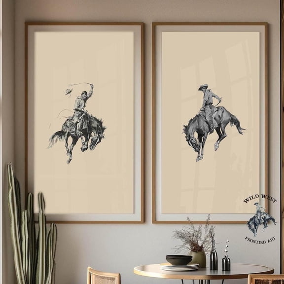 UNFFRAMED Vintage Cowboy Rodeo Art Poster Set, Rustic Western Decor Set 2 Prints 8x12