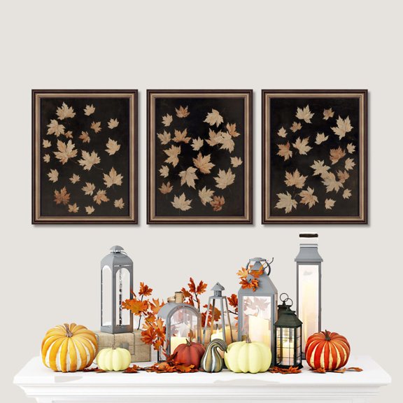 UNFFRAMED Vintage Fall Leaves Poster Set, Autumn Dark Botanical Art Fall Foliage Wall Art, Vintage Dark Poster Rustic Fall Wall Art Decor Set 3 Prints 16x24