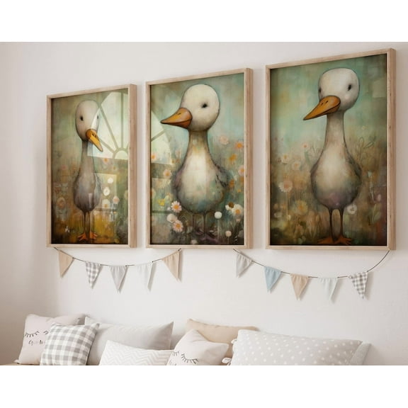 Luvia Vintage Farm Animal Portrait Nursery, Three Quirky Geese In A Flower Meadow, Set Of 3, Decor, Modern Wall Decor Set 3 Prints 16x24 UNFRAMED