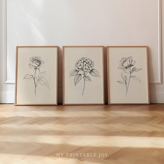 UNFFRAMED Vintage Flower Printable Wall Art, Hydrangea Peony Rose Prints, Cottagecore Botanical Decor, Farmhouse Style Art 11 Set 3 Prints 16x24