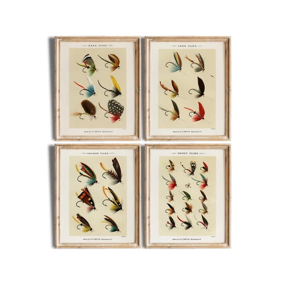 UNFFRAMED Vintage Fly Fishing Art Posters Set Linen Texture Set 4 Prints 16x24