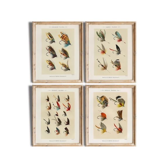 UNFFRAMED Vintage Fly Fishing Art Posters Set Set 4 Prints 8x12