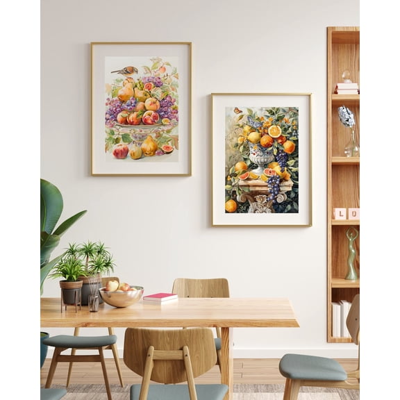 UNFFRAMED Vintage Fruit Still Life Art Poster, Set, Vibrant Fruit And Floral Art, Modern Kitchen Wall Decor, Dining Room Art, Botanical Wall Art Set 2 Prints 20x30