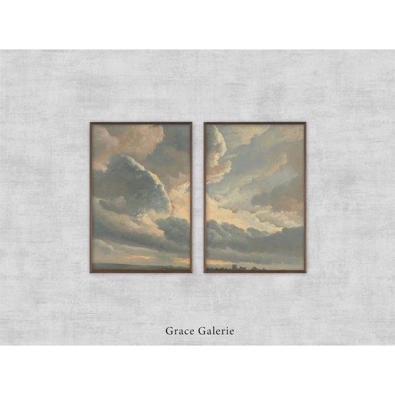 UNFFRAMED Vintage Gallery Wall Art, Set, Study Of Clouds, Vintage Gallery Set, Split Panel Set 2 Prints 12x18