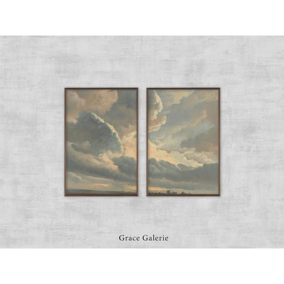 UNFFRAMED Vintage Gallery Wall Art, Set, Study Of Clouds, Vintage Gallery Set, Split Panel Set 2 Prints 8x12