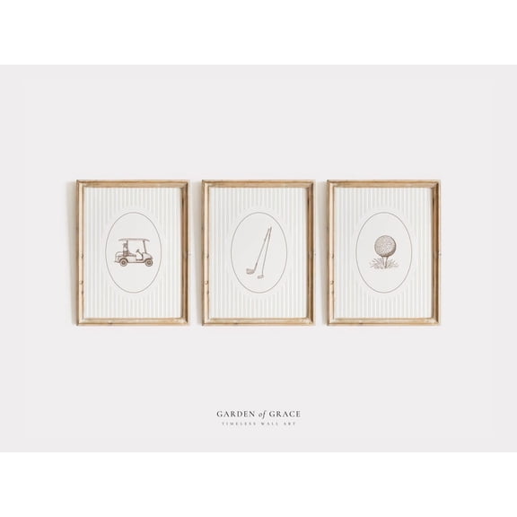 UNFFRAMED Vintage Golf Themed Nursery Wall Art, Neutral Farmhouse Boy's Room Decor,, Beige Golf Ball, Cart and Clubs Print Set 3 Prints 8x12