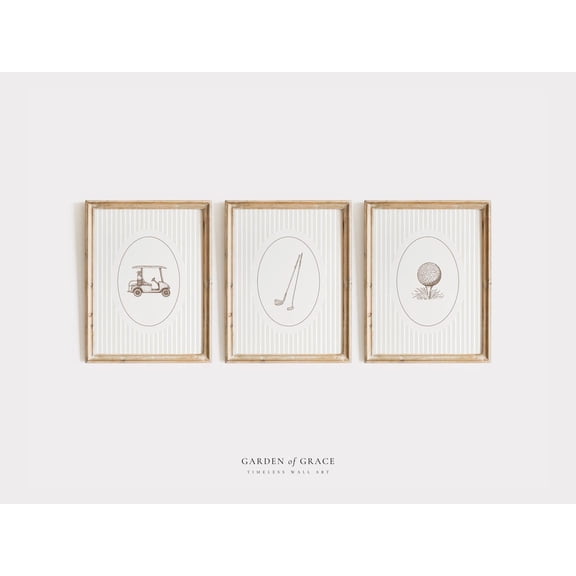 UNFFRAMED Vintage Golf Themed Nursery Wall Art, Neutral Farmhouse Boy's Room Decor,, Beige Golf Ball, Cart and Clubs Print Set 3 Prints 8x12