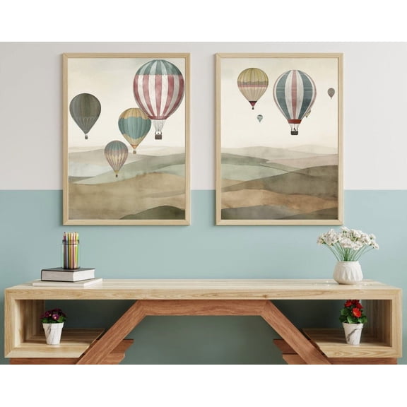 Luvia Vintage Hot Air Balloon Landscape Art, Set Of Two, Countryside & Balloons Poster, Modern Wall Decor Set 2 Prints 20x30 UNFRAMED