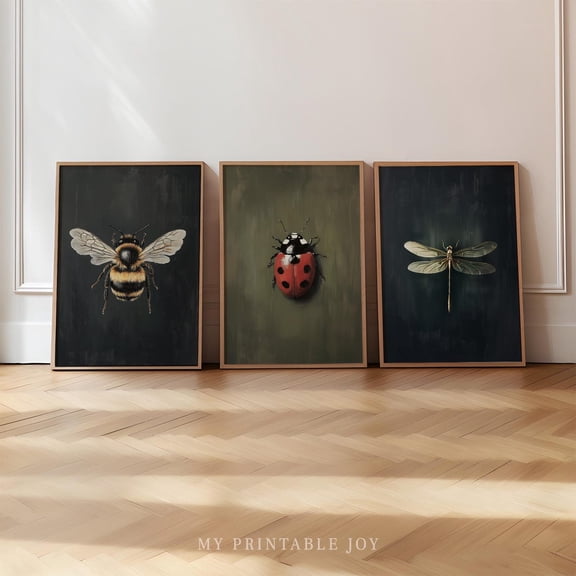 UNFFRAMED Vintage Insect Printable Wall Art, Bee Ladybug Dragonfly Prints, Rustic Cottagecore Decor,, Gallery Wall Art 12 Set 3 Prints 8x12
