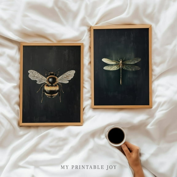 UNFFRAMED Vintage Insect Wall Art, Printable Bee and Dragonfly Prints, Rustic Moody Decor, Cottagecore Home Decor, Bundle B5 Set 2 Prints 8x12