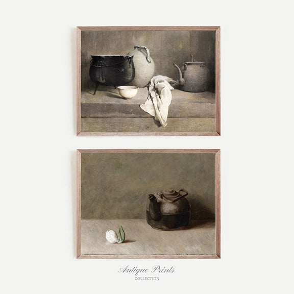 UNFFRAMED Vintage Kitchen Set, Antique Pots Wall Art, Farmhouse Wall Decor, Rustic Kitchen Set 2 Prints 8x12