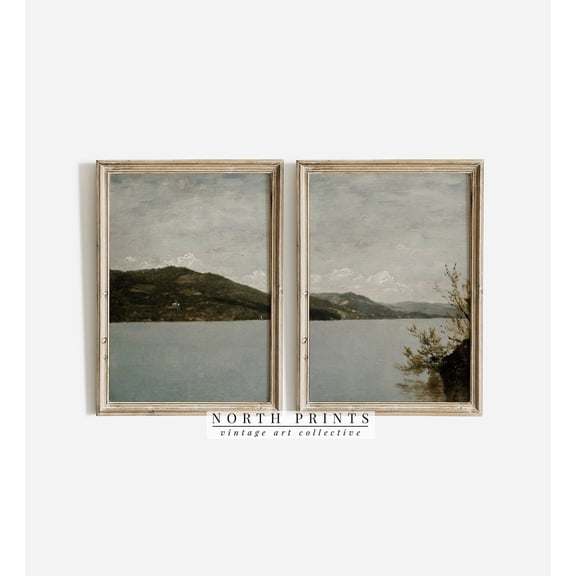 UNFFRAMED Vintage Lake Landscape Set Of 2, Lake House Wall Decor S2-102 Set 2 Prints 20x30