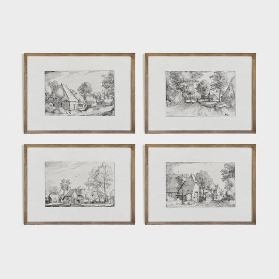 UNFFRAMED Vintage Landscape Etchings, Antique Drawing Collection, Sketch Poster Set, #S60 Set 4 Prints 20x30