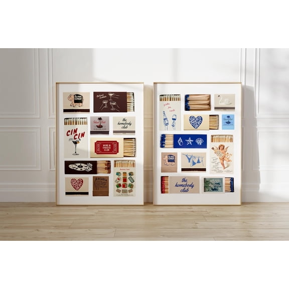 UNFFRAMED Vintage Matchbox Poster Set, Retro Matchbook Art Set 2 Prints 8x12