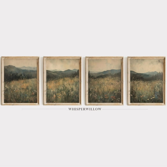 UNFFRAMED Vintage Mountain Meadow Et Of Four, Moody Mountain Scenery Wall Art, Rustic Tranquil Wilderness Decor Set 4 Prints 8x12