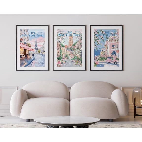 UNFFRAMED Vintage Ny Times Travel Poster Set, Paris Vespa & Coastal Gallery Wall Art Set 3 Prints 16x24