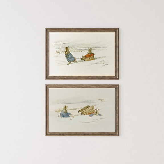 UNFFRAMED Vintage Rabbits Beatrix Potter Illustration Set Of 2, Storybook Wall Art, Room Winter Landscape Wall Art, Cute Bunny Poster Art. Set 2 Prints 20x30