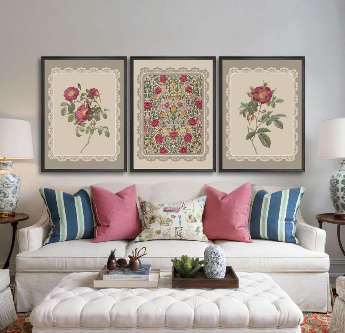 UNFFRAMED Vintage Rose Poster Set, Pink Floral Nursery Wall Art ...