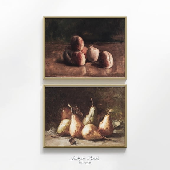 UNFFRAMED Vintage Still Life Set, Peaches Wall Art, Antique Farmhouse Kitchen 2 Pieces Wall Art, Rustic Decor, Fruit Posters Set 2 Prints 8x12
