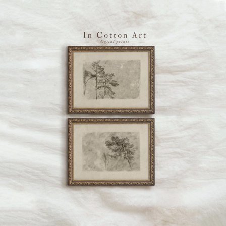 UNFFRAMED Vintage Tree Drawing, Neutral Rustic Sketch Poster, Farmhouse Wall Art Set, D56 Set 2 Prints 8x12