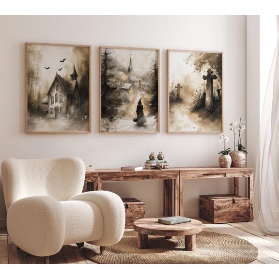 UNFFRAMED Vintage Wall Art Poster Set Spooky Witchy Decor Winter Landscape Art Haunted House Gallery Wall Bundle Set 3 Prints 12x18