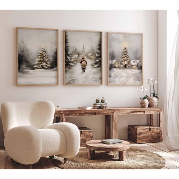 UNFFRAMED Vintage Winter Landscape Wall Art Snowy Trees & Cottage Triptych Art Cozy Set Of 3 Santa Posterdecor Set 3 Prints 20x30