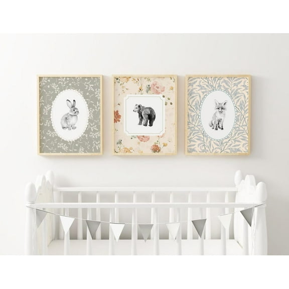 UNFFRAMED Vintage Woodland Animal Nursery Wall Art Vintage Floral Art Bunny Bear Fox Art Cottagecore Baby Room Decor Floral Nursery Set Of 3 Wwp3- Set 3 Prints 8x12
