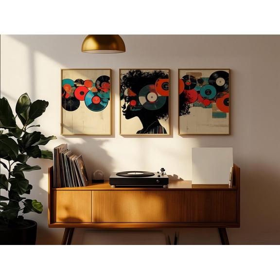 UNFFRAMED Vinyl Record Wall Art Set Of 3 Pieces Black Woman Vintage Retro Music Lover Wall Decor Dj Home Decor Set 3 Prints 8x12