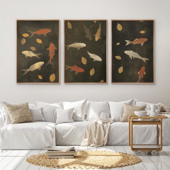 UNFFRAMED Wall Art Prints Set Of 3 Elegant Koi Fish With Floating Yellow Leaves Japandi Art Tranquil Artwork Living Room Wall Decor Set 3 Prints 8x12