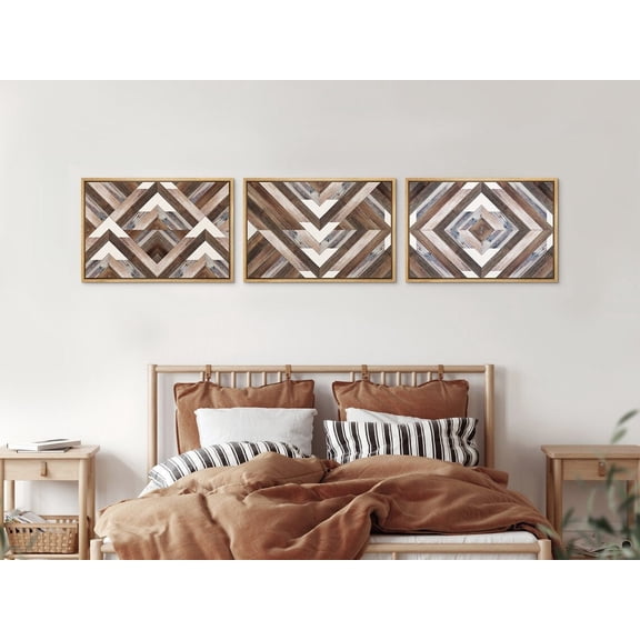 UNFFRAMED Wall Art Prints Set Of 3 Wood Panel Geometric Diamond Pattern Collage Modern Wall Art Western Wall Decor Set 3 Prints 20x30