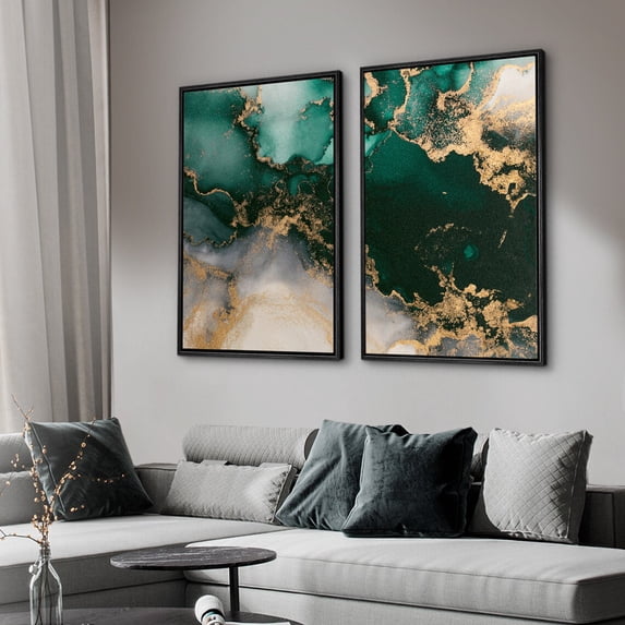 UNFFRAMED Wall Art Set Emerald Green Gold Abstract Prints Minimalist Modern Wall Art Decor Set 2 Prints 20x30