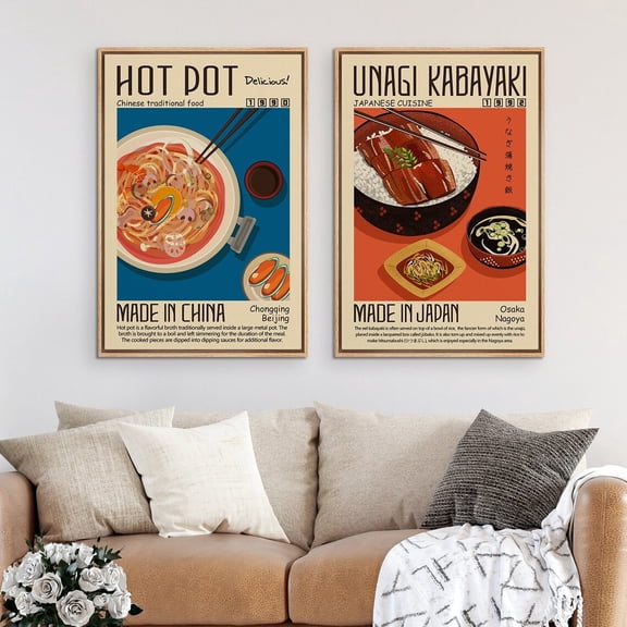 UNFFRAMED Wall Art Set Of 2 Chinese & Japanese Food Prints Mid Century Modern Wall Art Retro Kitchen Wall Decor Set 2 Prints 8x12