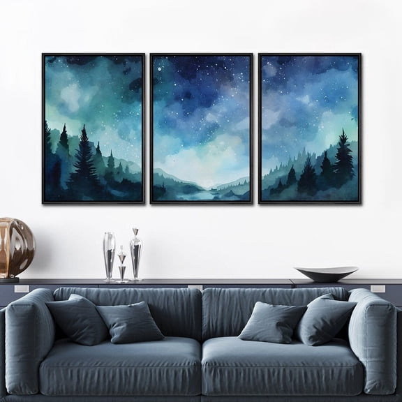 UNFFRAMED Wall Art Set Of 3 Blue Starry Night Sky Forest Landscape Prints Minimalist Modern Art Nature Wall Decor Set 3 Prints 20x30