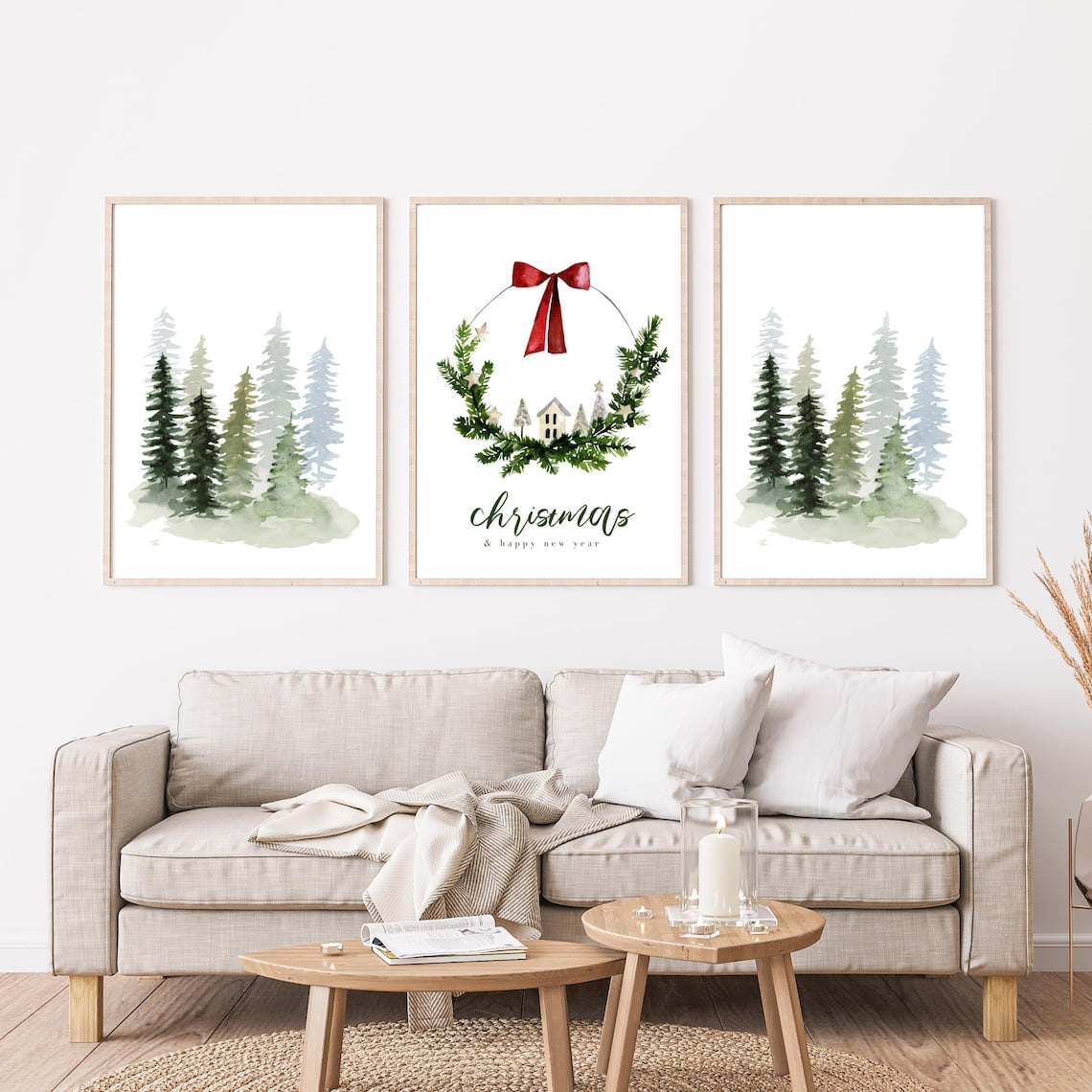 UNFFRAMED Wall Art Set Of 3, Pine Trees & Wreath,Wall Decor, Trees ...