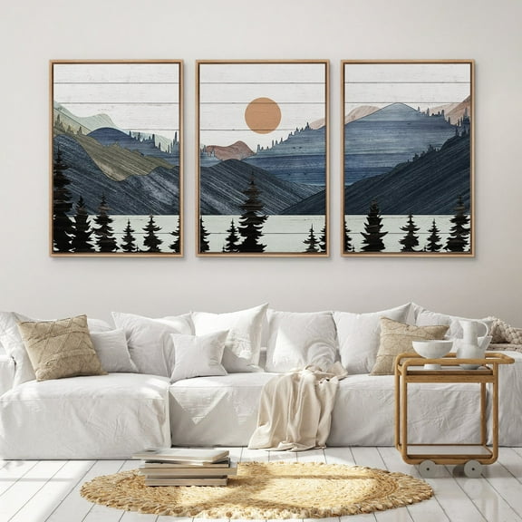 UNFFRAMED Wall Art Set Of 3 Wood Panel Blue Mountain Pine Forest Landscape Print Rustic Art Modern Farmhouse Wall Decor Set 3 Prints 8x12