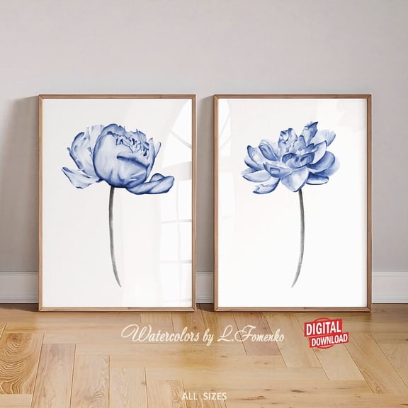 UNFFRAMED Wall Decor Bedroom, Bathroom Wall Art Set Of 2 Art Posters Blue Flower Wall Art Peony Artwork 2 Piece Wall Art Set 2 Prints 8x12