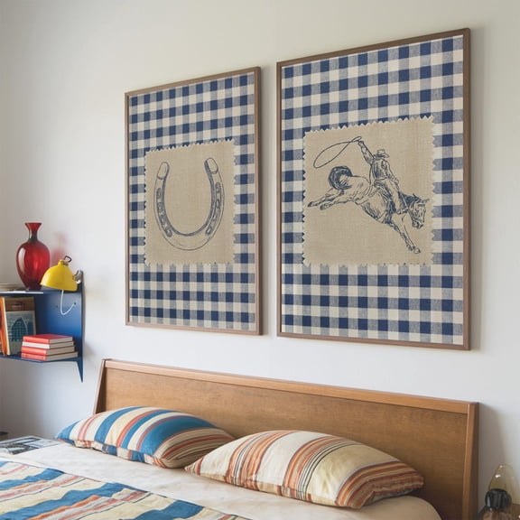 UNFFRAMED Western Print, Vintage Cowboy Rodeo Wall Art Set, Retro Aesthetic, Cottagecore Decor, Rustic Downloadable Print, Horseshoe Gingham Set 2 Prints 20x30