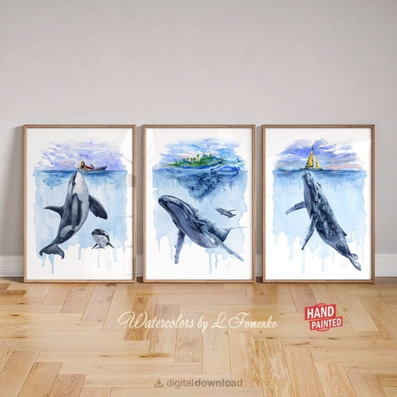 UNFFRAMED Whale Wall Art Orca Whale Art Ocean Nursery Decor Boy Whale Posters Set Of 3 Blue Whale Poster Nautical Artwork Set 3 Prints 12x18