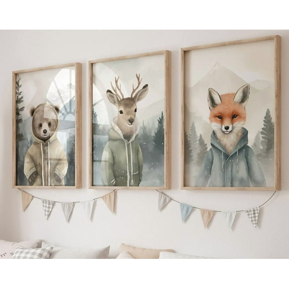 Luvia Whimsical Forest Friends: Bear, Deer And Red Fox Wearing Jackets In The Forest, Vintage Cute Animal Portraits Set Of 3, Modern Wall Decor Set 3 Prints 8x12 UNFRAMED