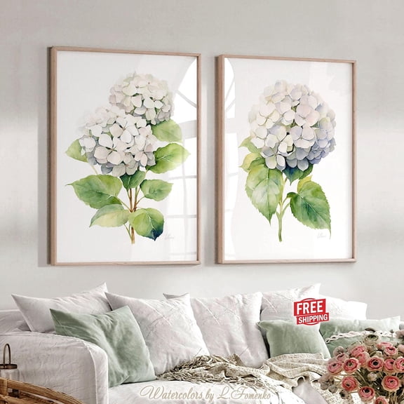 UNFFRAMED White Hydrangea Annabelle, Set Of 2 Posters Illustration, Modern Hamptons Wall Decor Posters Set 2 Prints 8x12