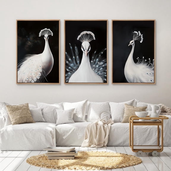 UNFFRAMED White Peacock Wall Art Set Of 3 Elegant Bird Prints Dark Aesthetic Peacock Luxury Wildlife Artwork Modern Home Decor Set 3 Prints 16x24