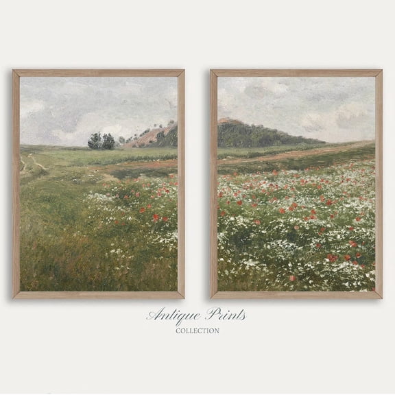 UNFFRAMED Wildflower Set Wall Artpring Meadow Set Vintage, Antique Country Posters, Poppies Field Poster Set 2 Prints 20x30