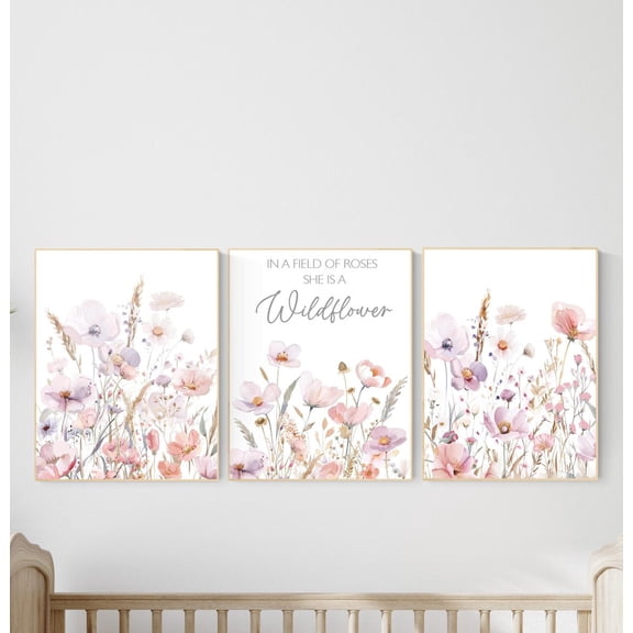 UNFFRAMED Wildflower Wall Art Set, “In A Field Of Roses She Is A Wildflower” Quote With Blush Floral Prints, Girls Room Or Nursery Decor Prints #222 Set 3 Prints 20x30