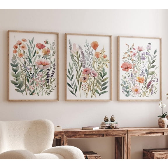 UNFFRAMED Wildflower Wall Art Set, Neutral Floral Botanical Prints, Boho Living Room Or Bedroom Decor (Set Of 3) #130 Set 3 Prints 12x18