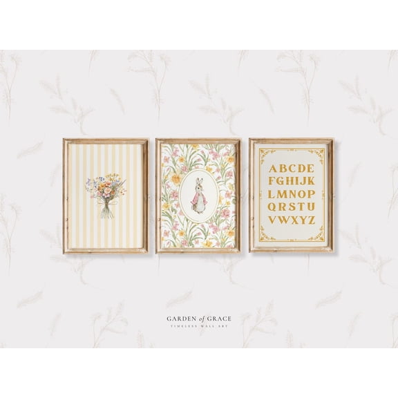 UNFFRAMED Wildflowers Themed Nursery Wall Art, Floral Farmhouse Girl's Room Decor, Yellow and Pink, Cute Rabbit, Flowers and ABC Print Set 3 Prints 20x30