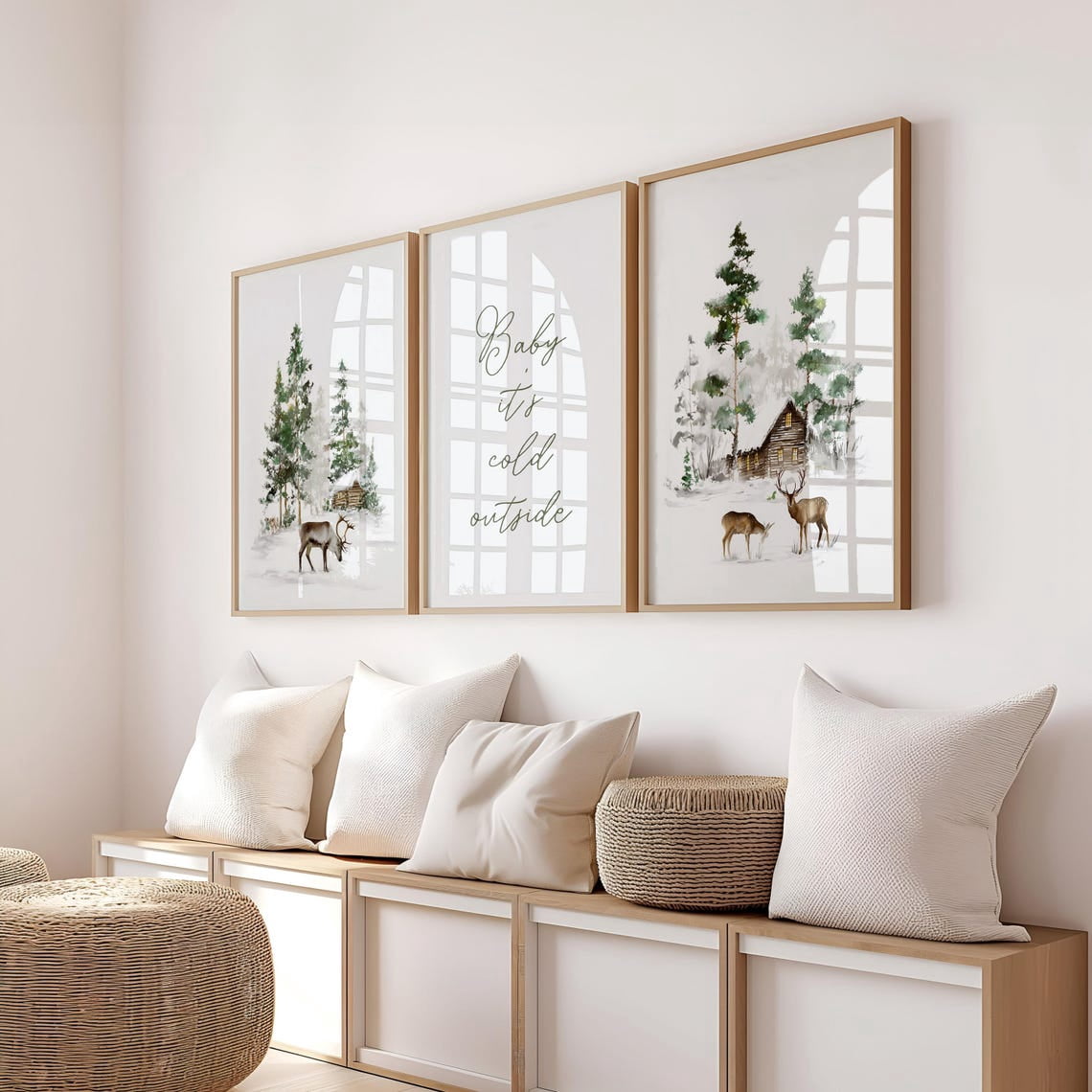 UNFFRAMED Winter Cabin Wall Art Set, Rustic Deer Posters, Snowy Forest ...