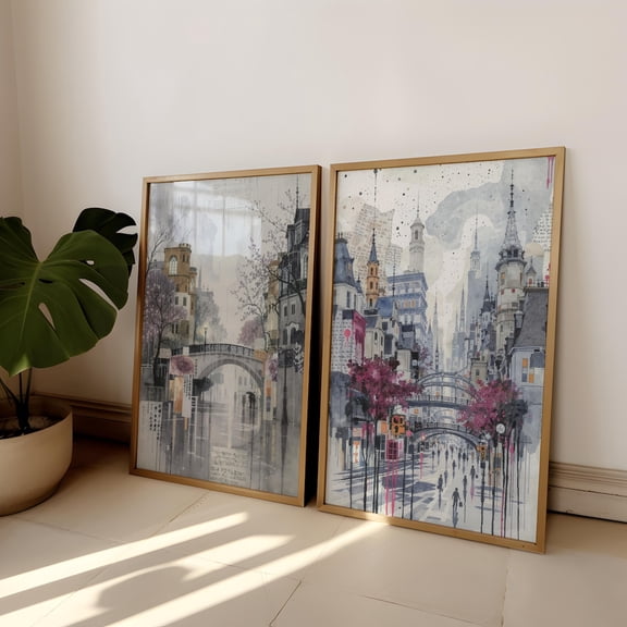 UNFFRAMED Winter Cityscape Wall Art Set Of 2 Posters, Elegant Urbandecor, Seasonal Wall Art For Modern Home, Snowy City Bridge Artwork Set 2 Prints 8x12