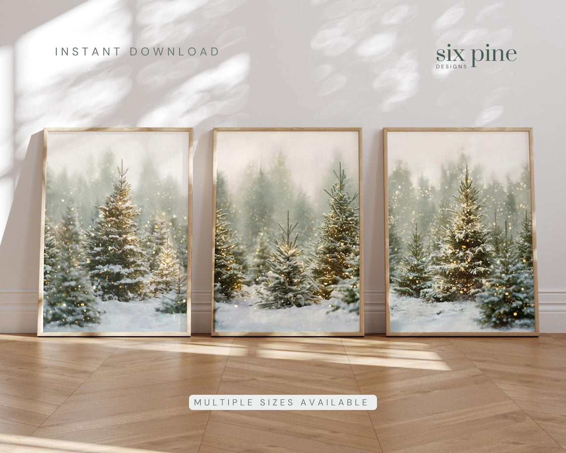 UNFFRAMED Winter Pine Forest Wall Art Set Of 3, Snowy Tree Farm Posters ...