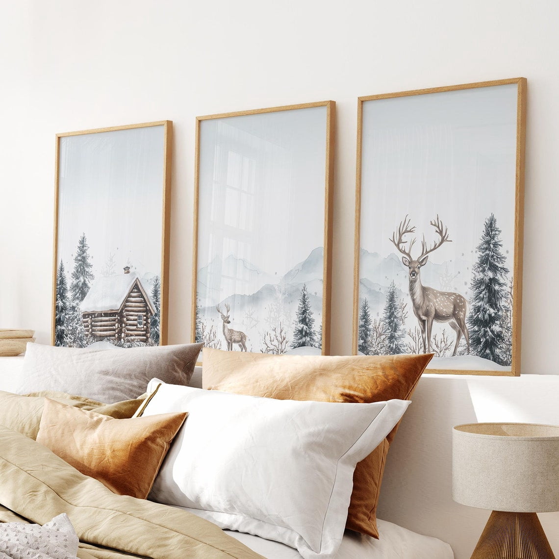 UNFFRAMED Winter Woodland Nursery Art Set, Deer, Cabin, Snowy Forest ...